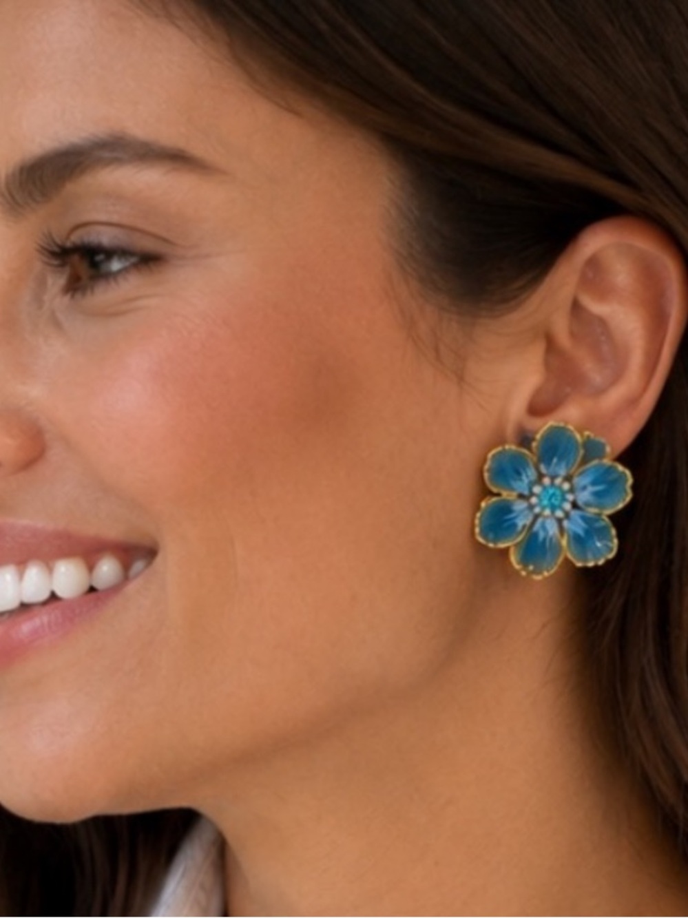 New! Anthropologie Pink Reef Hand Painted Blue Flower Earrings NWOT 1050